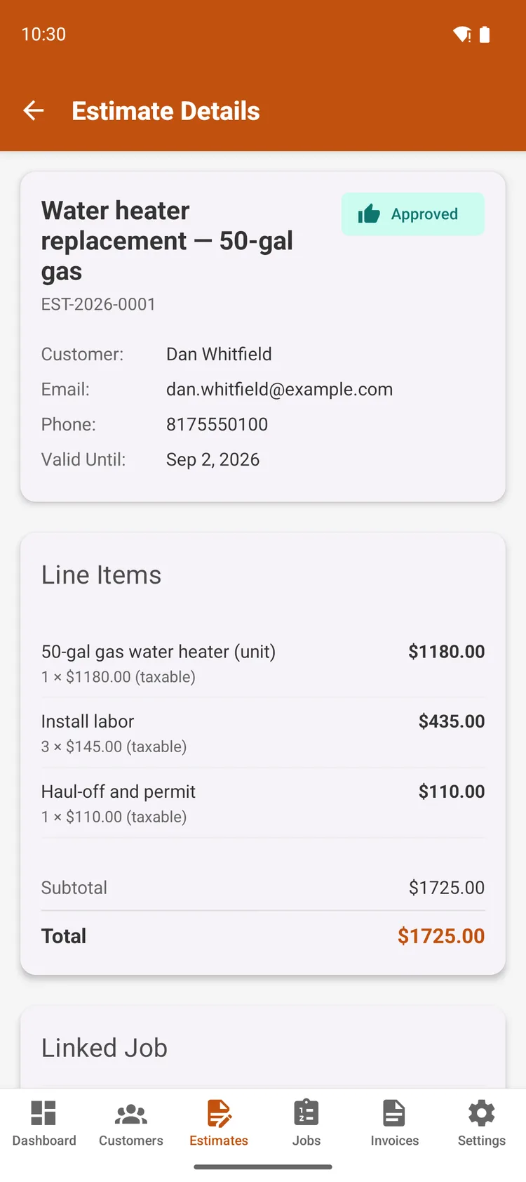 FSMsync Android app showing an approved water heater estimate