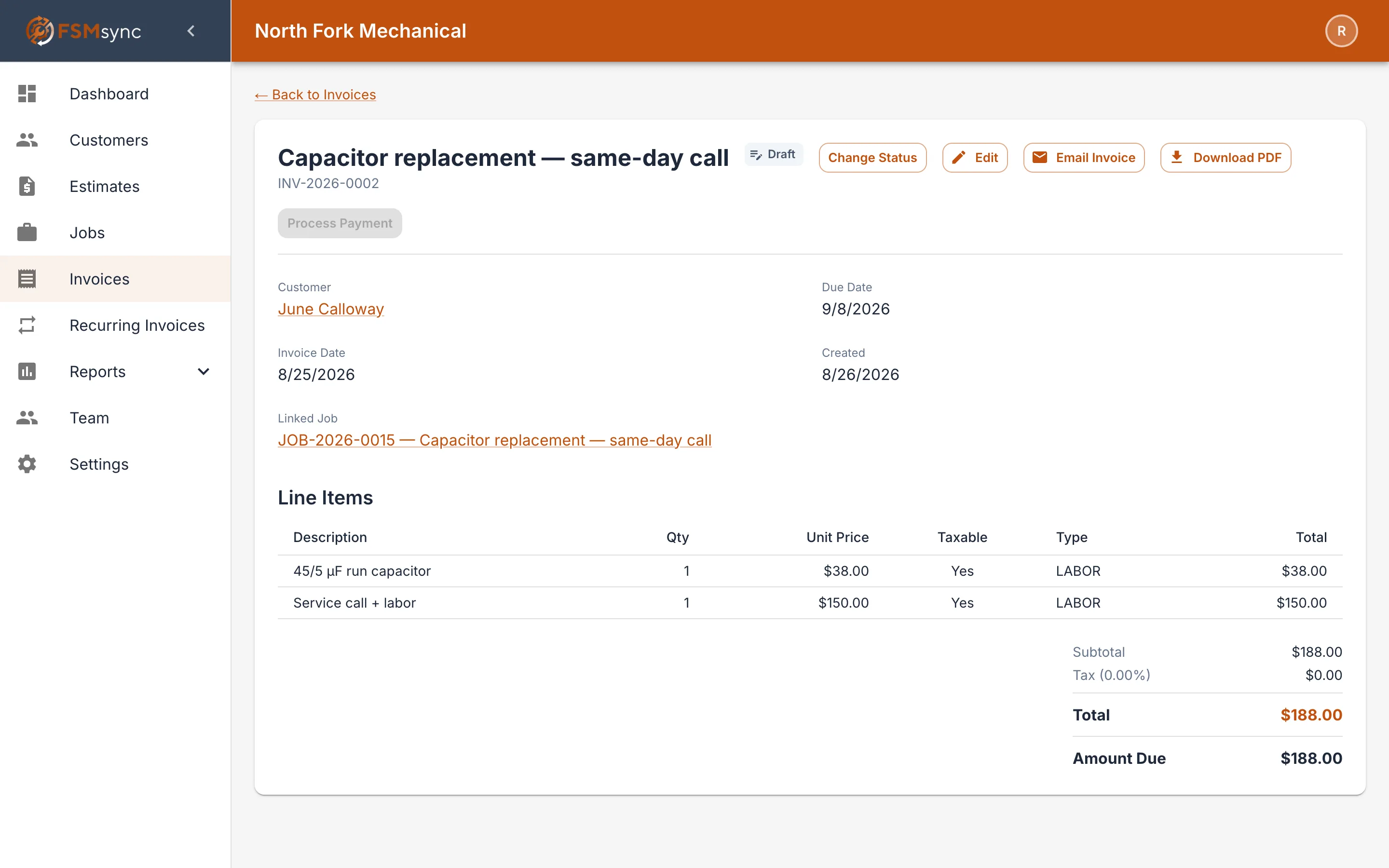 FSMsync desktop invoice drafted from a completed job