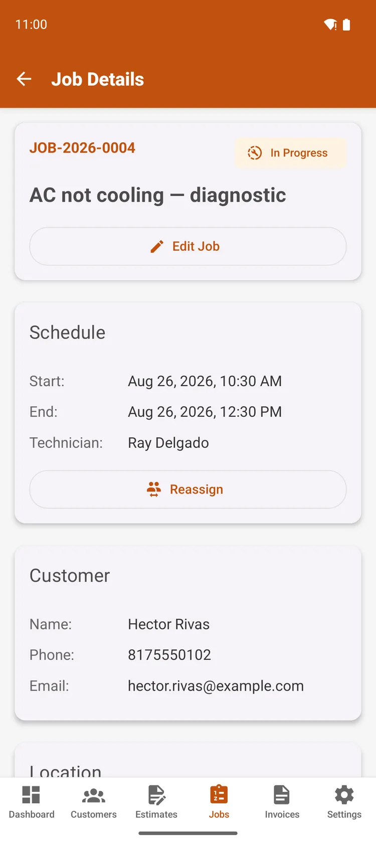 FSMsync Android app showing a job in progress
