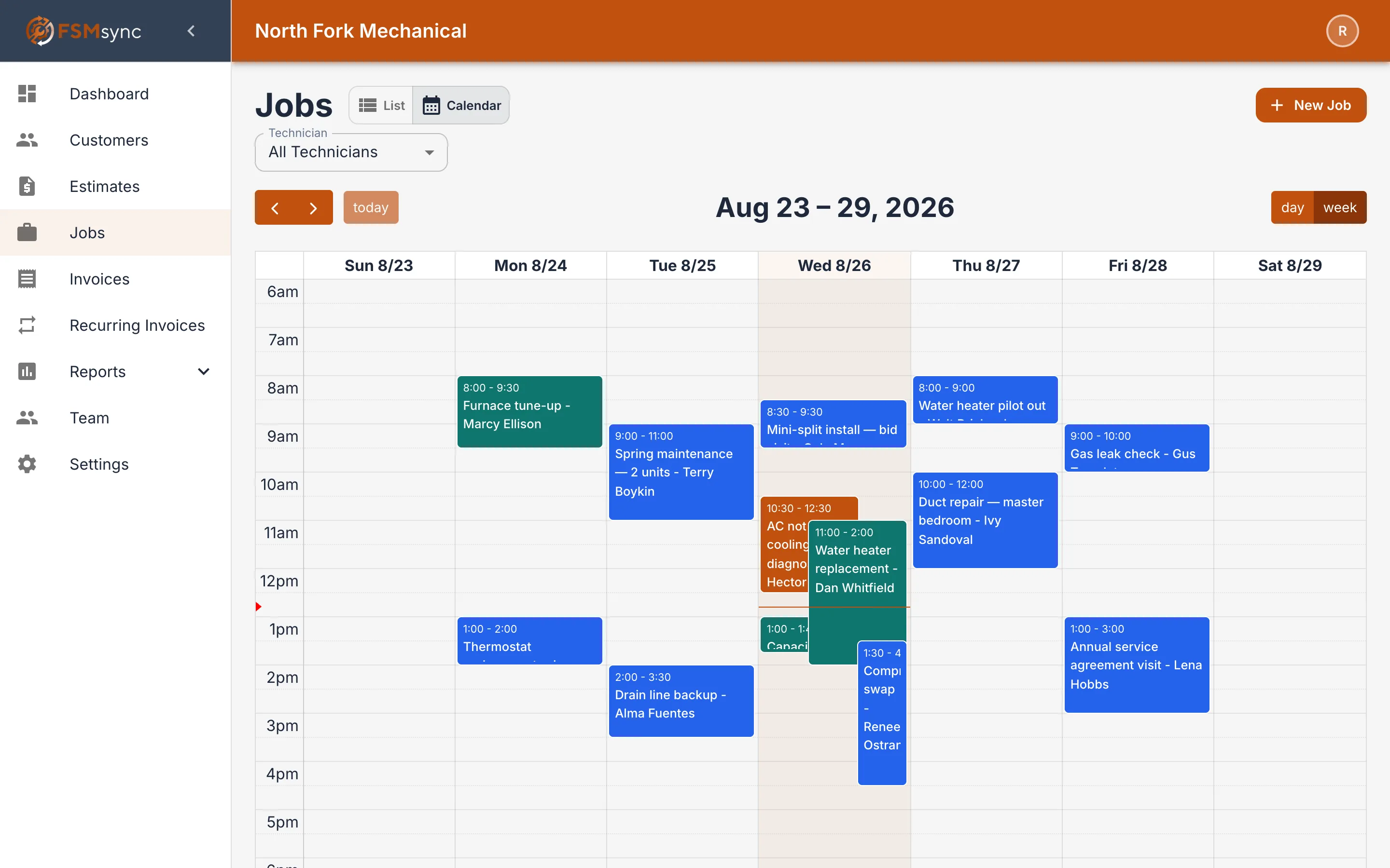 FSMsync desktop calendar showing the week's scheduled jobs